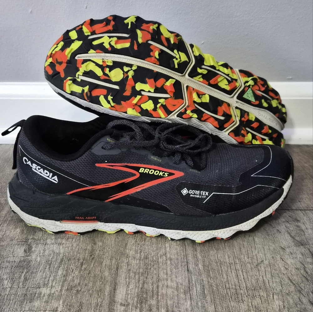 Brooks Cascadia Black Trail Shoes with Red and Yellow Mens